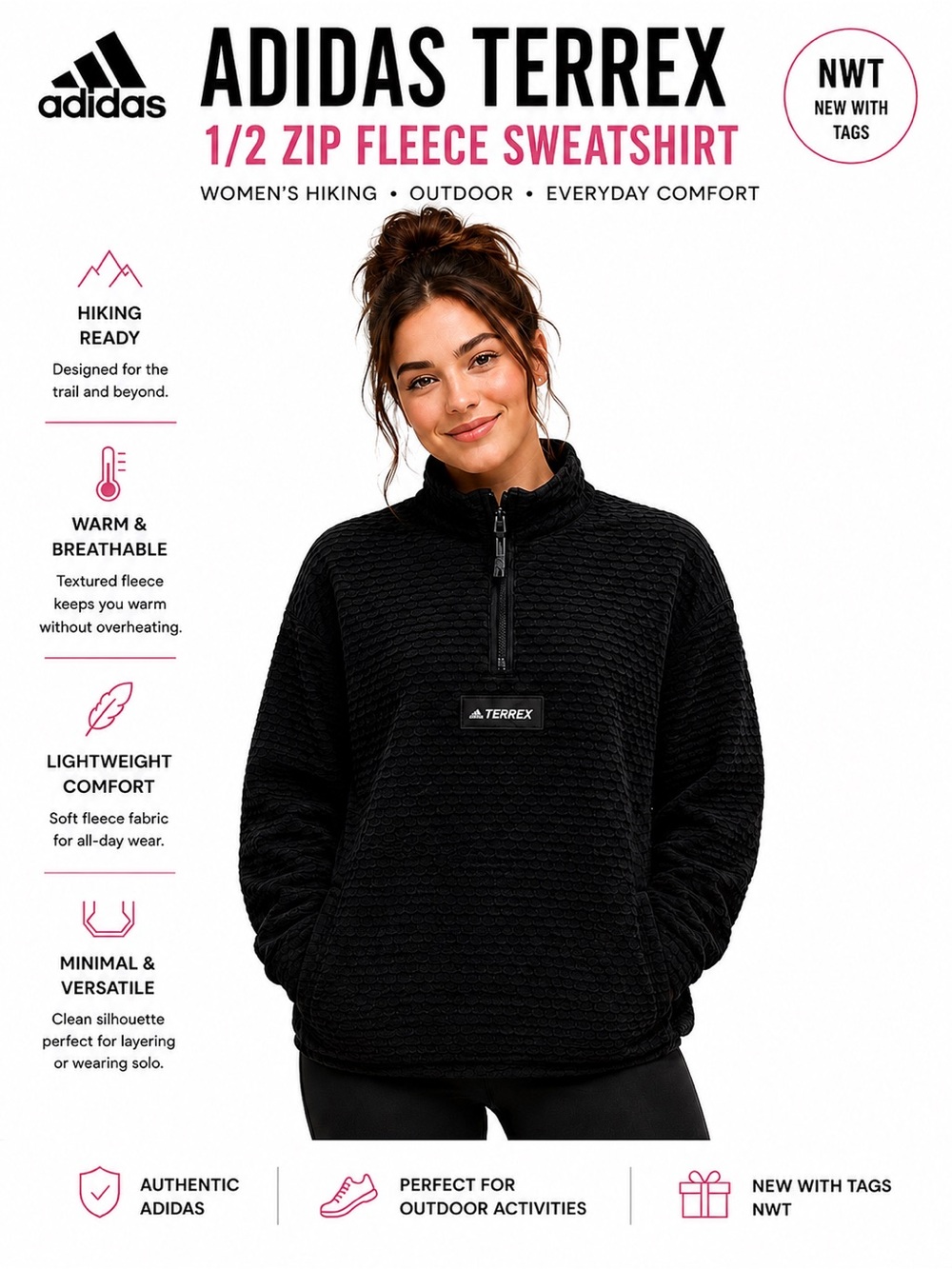 Adidas Terrex sweatshirt black NWT Hiking Walking Gorpcore 1/2 zip fleece sz XL